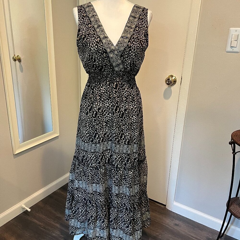Cassee's Black Gray Animal Print Ruffle bottom Maxi Dress, Size Medium